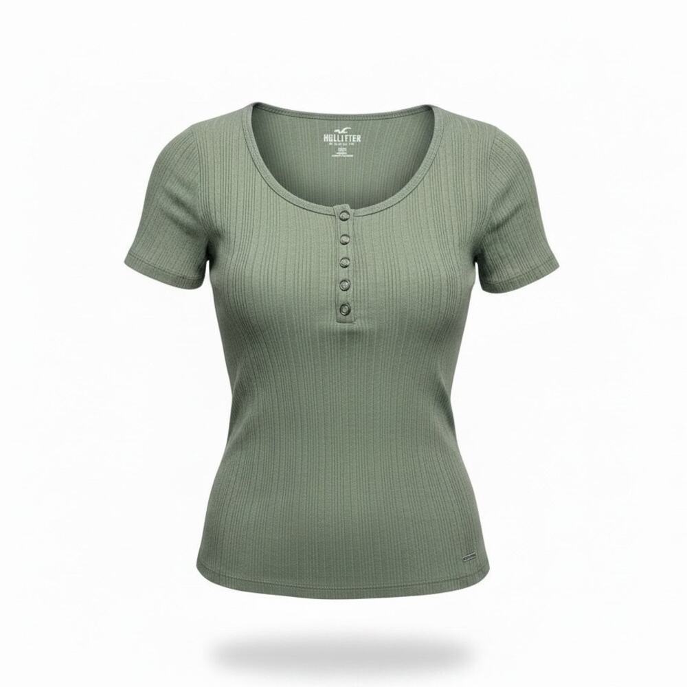 Hollister Sage Ribbed Scoop Henley Tee Slight Crop Size Medium